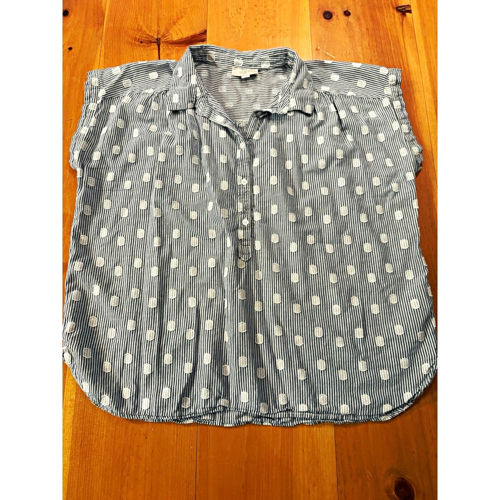 LOFT Women's Large Striped Boho Style Shirt Blue White Dotted Pattern Casual